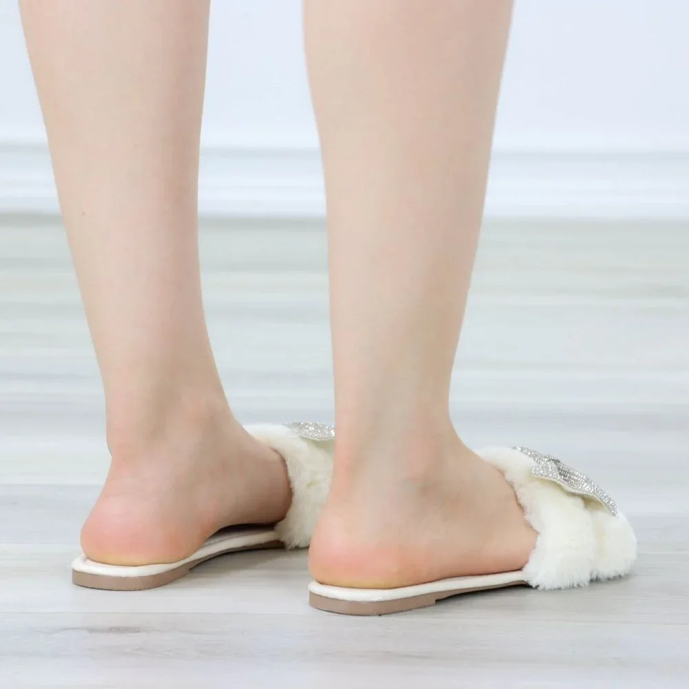 Beige Plush Glitter Bow Tie Fuzzy Flat Sandals Sliders - Picture 9 of 15